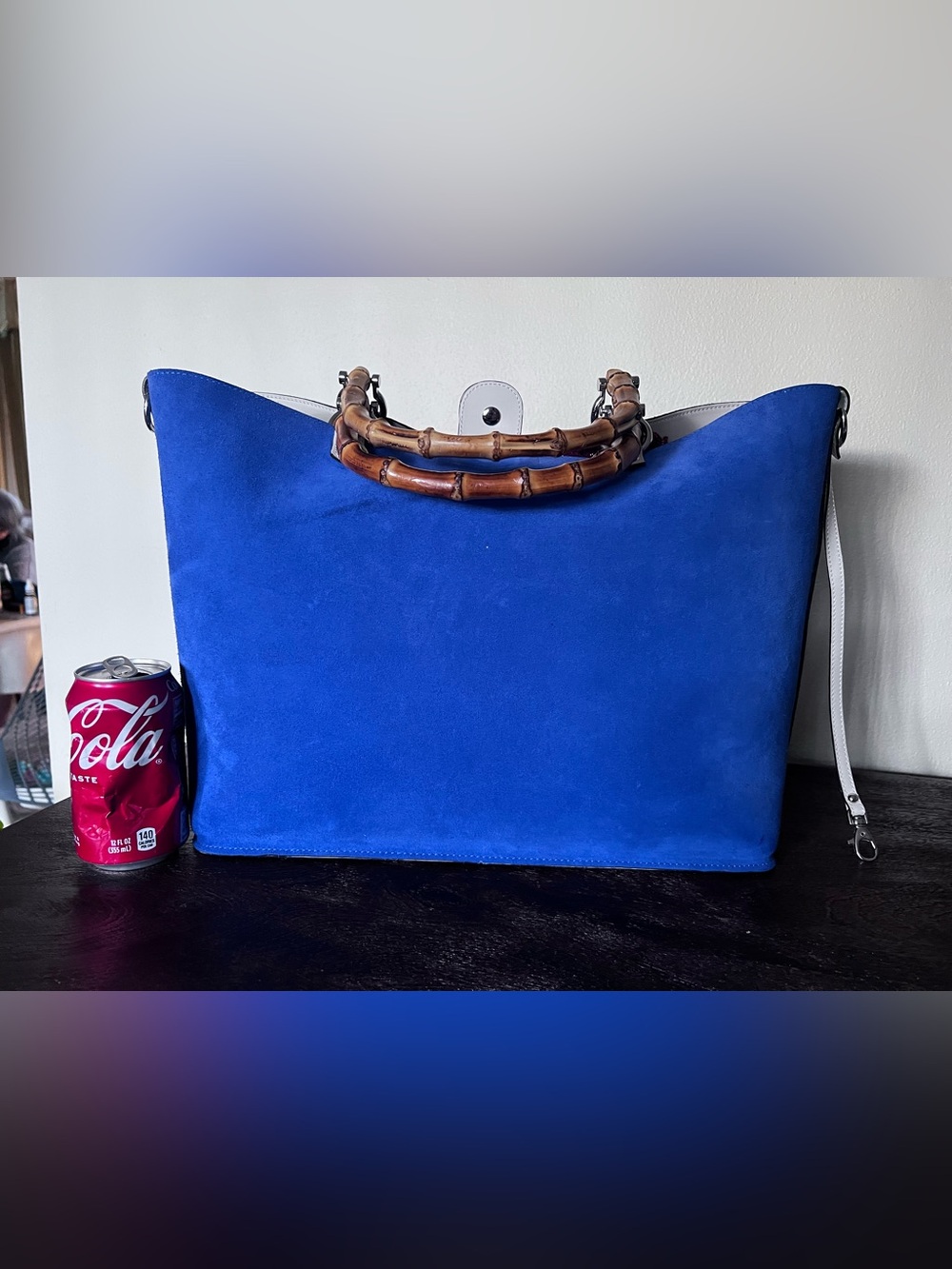 Blue Faux Suede Bamboo-Handle Tote Bag Synthetic materials